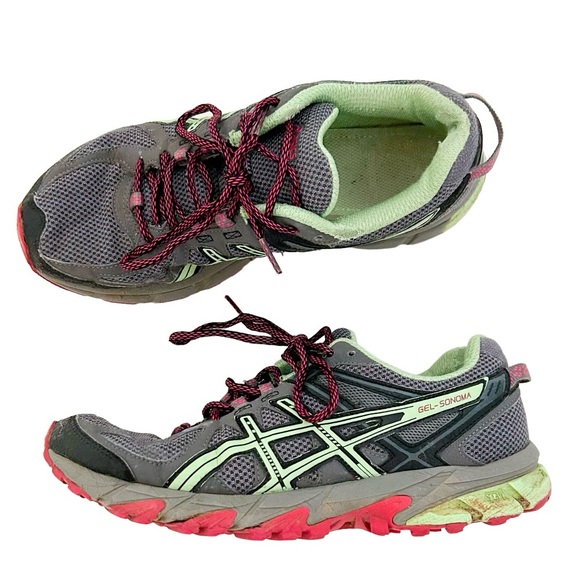 Asics Shoes - Asics Hiking Shoes Gel Sonoma Gray Pink Green Athletic Trail Running Shoes 8.5